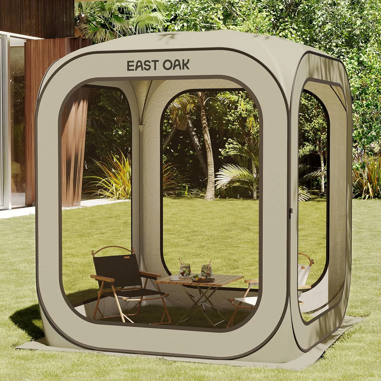 EAST OAK Screen House Tent Pop-Up, Portable Screen Room Canopy Instant Screen Tent 6 x 6 FT with Carry Bag for Patio, Backyard, Deck & Outdoor Activities, Khaki