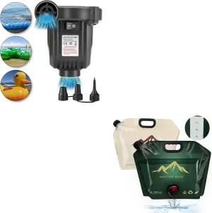 Electric Air Pump with 3 Nozzles Portable, Quick-Fill Perfect Inflator Deflator, 2PCS Collapsible Water Container Bag with Spigot, for Outdoor Camping