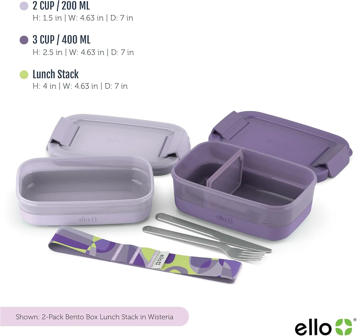 Ello 2-Pack Lunch Stack Plastic Food Storage Container Bento Box with Airtight, Leak-Proof Locking Plastic Lids and Silicone Base, BPA-Free, Freezer, Microwave, and Dishwasher Safe