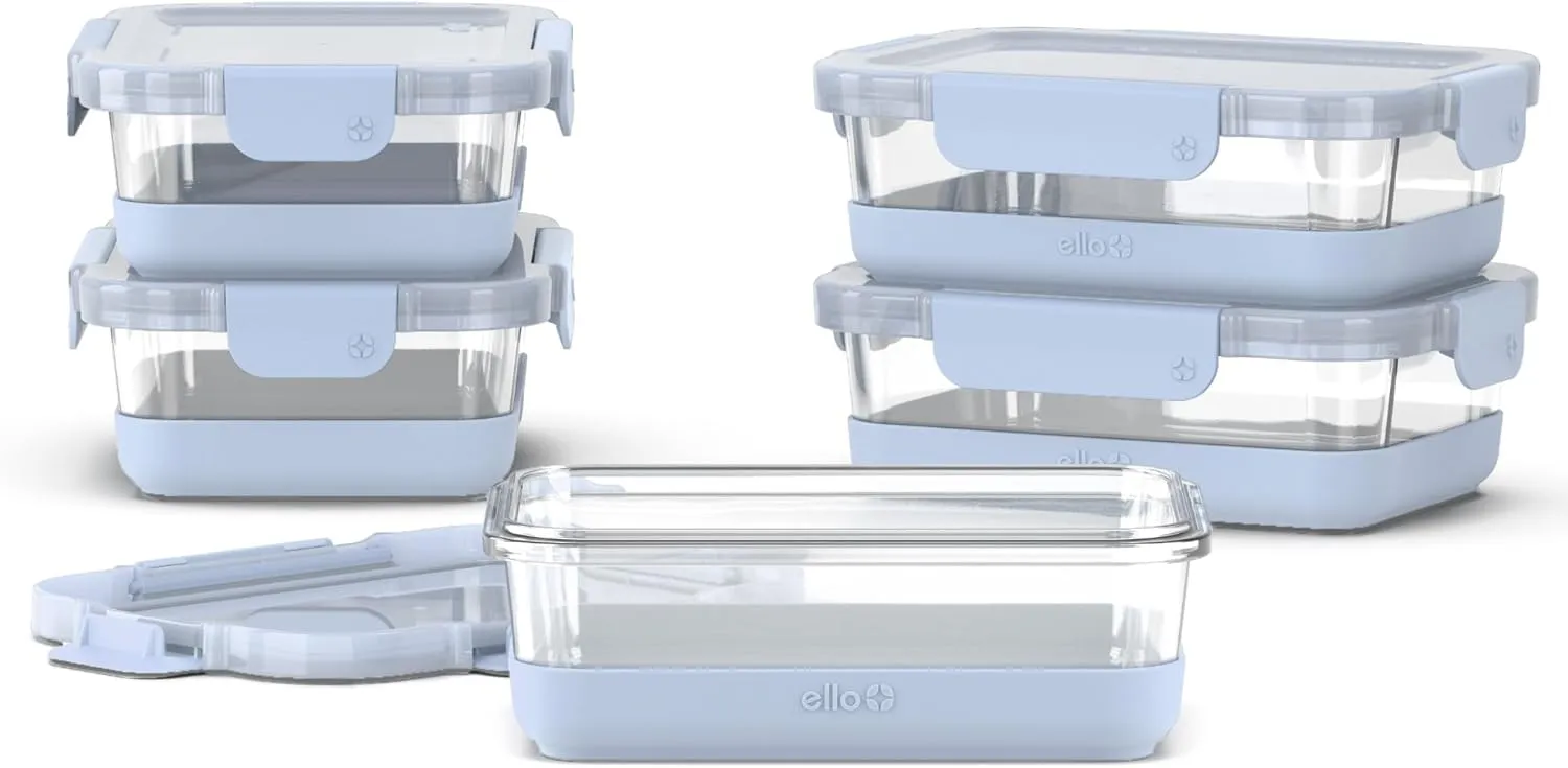 Ello Duraglass 3.4 Cup Meal Prep Sets 10Pc, 5 Pack Set- Glass Food Storage Container with Silicone Boot and Airtight BPA-Free Plastic Lids, Dishwasher, Microwave, and Freezer Safe, Halogen Blue