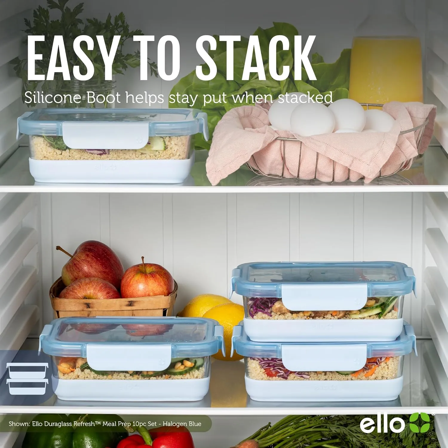 Ello Duraglass 3.4 Cup Meal Prep Sets 10Pc, 5 Pack Set- Glass Food Storage Container with Silicone Boot and Airtight BPA-Free Plastic Lids, Dishwasher, Microwave, and Freezer Safe, Halogen Blue