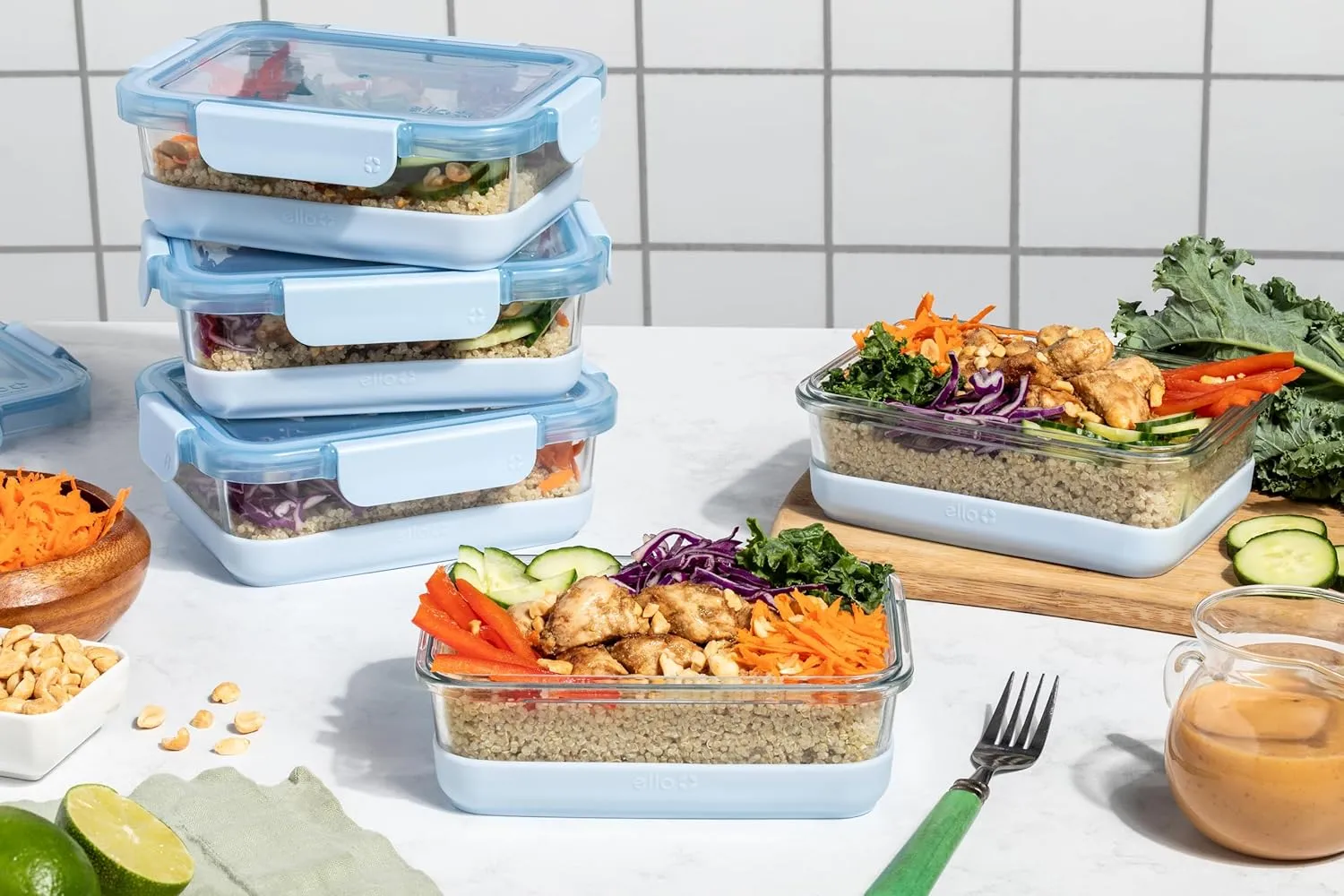 Ello Duraglass 3.4 Cup Meal Prep Sets 10Pc, 5 Pack Set- Glass Food Storage Container with Silicone Boot and Airtight BPA-Free Plastic Lids, Dishwasher, Microwave, and Freezer Safe, Halogen Blue