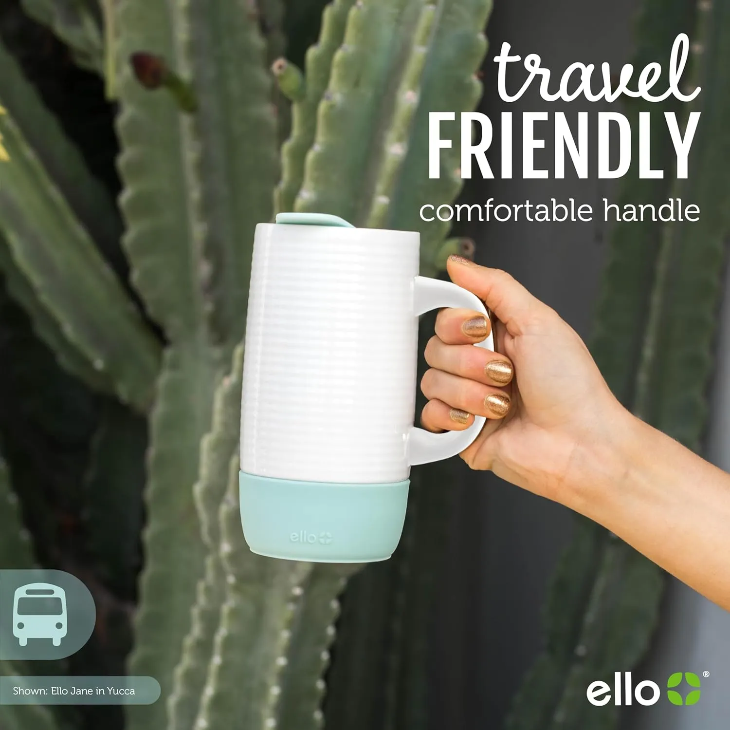 Ello Jane 18oz Ceramic Travel Mug with Handle, Splash-Resistant Slider Lid and Built-in Coaster, Perfect for Coffee and Tea, BPA Free, Dishwasher Safe, Gift for Holiday Him Her Mother's Day