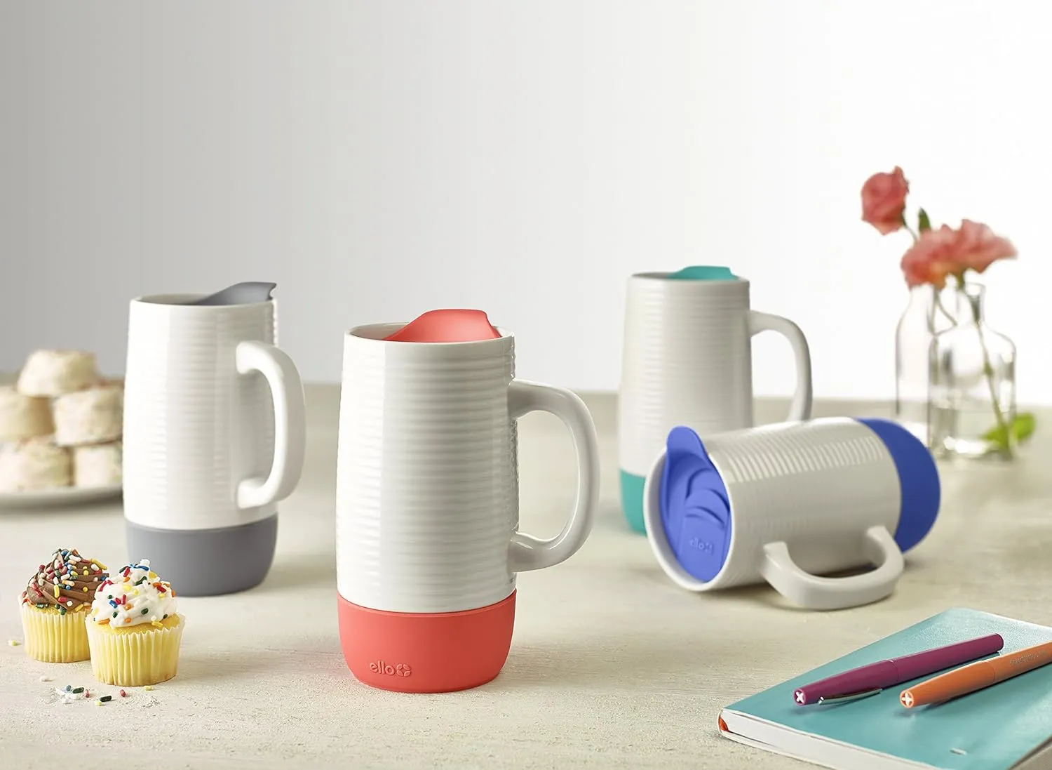 Ello Jane 18oz Ceramic Travel Mug with Handle, Splash-Resistant Slider Lid and Built-in Coaster, Perfect for Coffee and Tea, BPA Free, Dishwasher Safe, Gift for Holiday Him Her Mother's Day