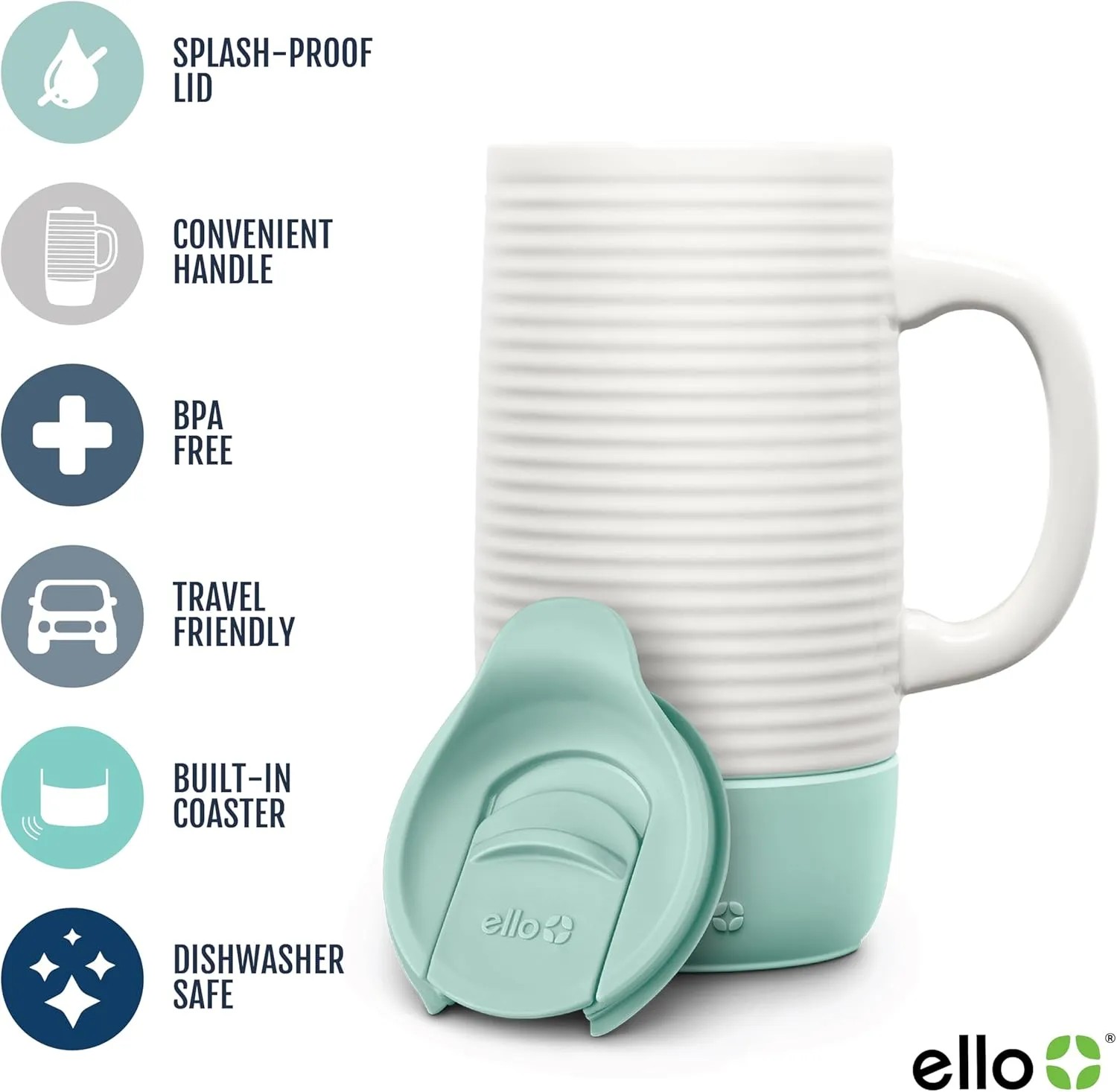 Ello Jane 18oz Ceramic Travel Mug with Handle, Splash-Resistant Slider Lid and Built-in Coaster, Perfect for Coffee and Tea, BPA Free, Dishwasher Safe, Gift for Holiday Him Her Mother's Day