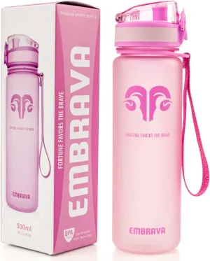 Embrava Best Sports Water Bottle - 17oz Small - Eco Friendly & BPA-Free Plastic - For Running, Gym, Yoga, Outdoors and Hiking - Fast Water Flow, Flip Top, Opens With 1-Click - Leak-proof Lid