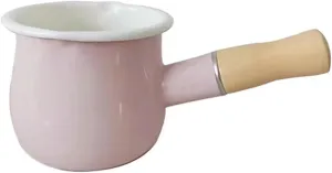 Enamel Milk Pot, Butter Warmer Non-stick Mini Saucepan, 4 Inch 17 Oz Small Cookware with Wooden Handle(Pink)