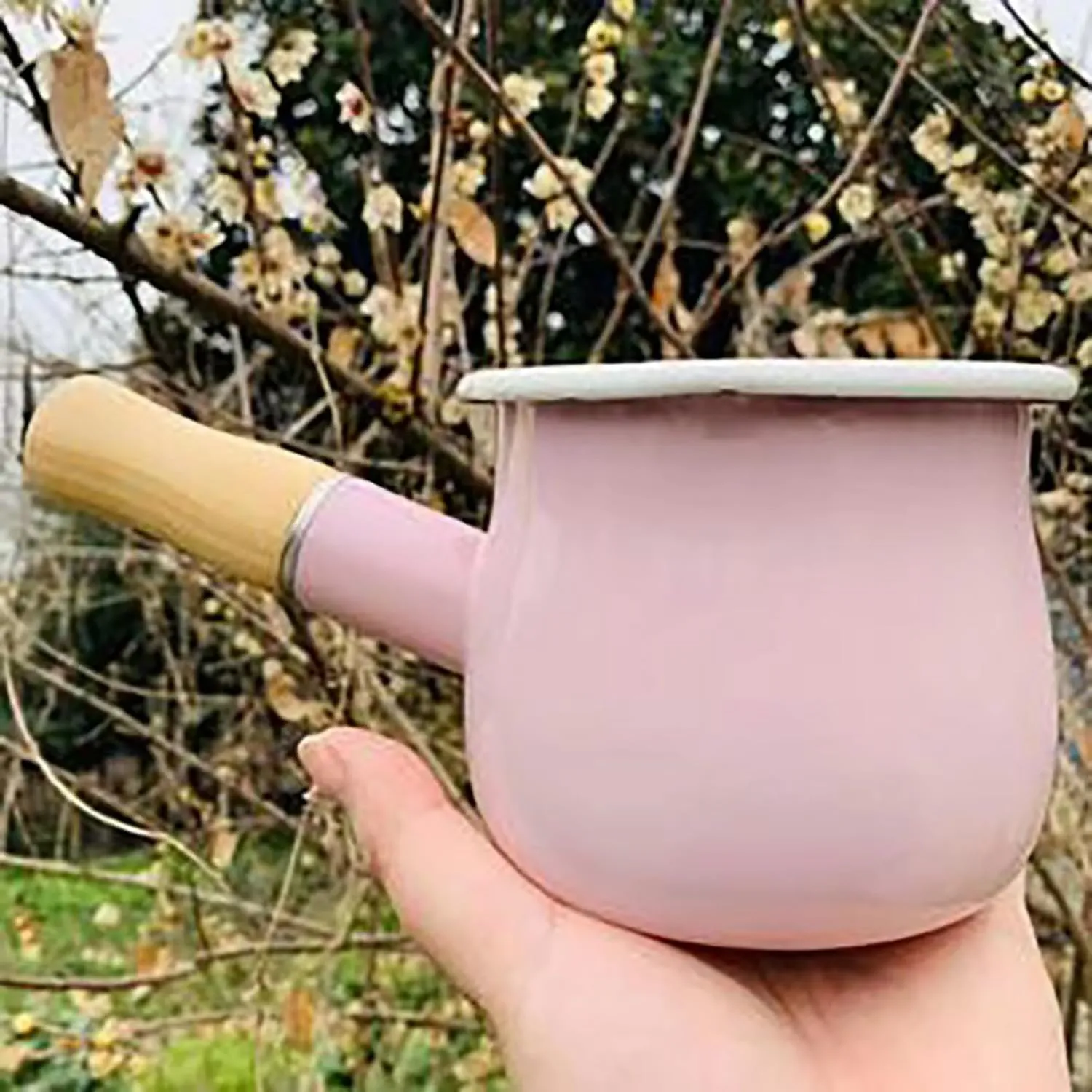 Enamel Milk Pot, Butter Warmer Non-stick Mini Saucepan, 4 Inch 17 Oz Small Cookware with Wooden Handle(Pink)