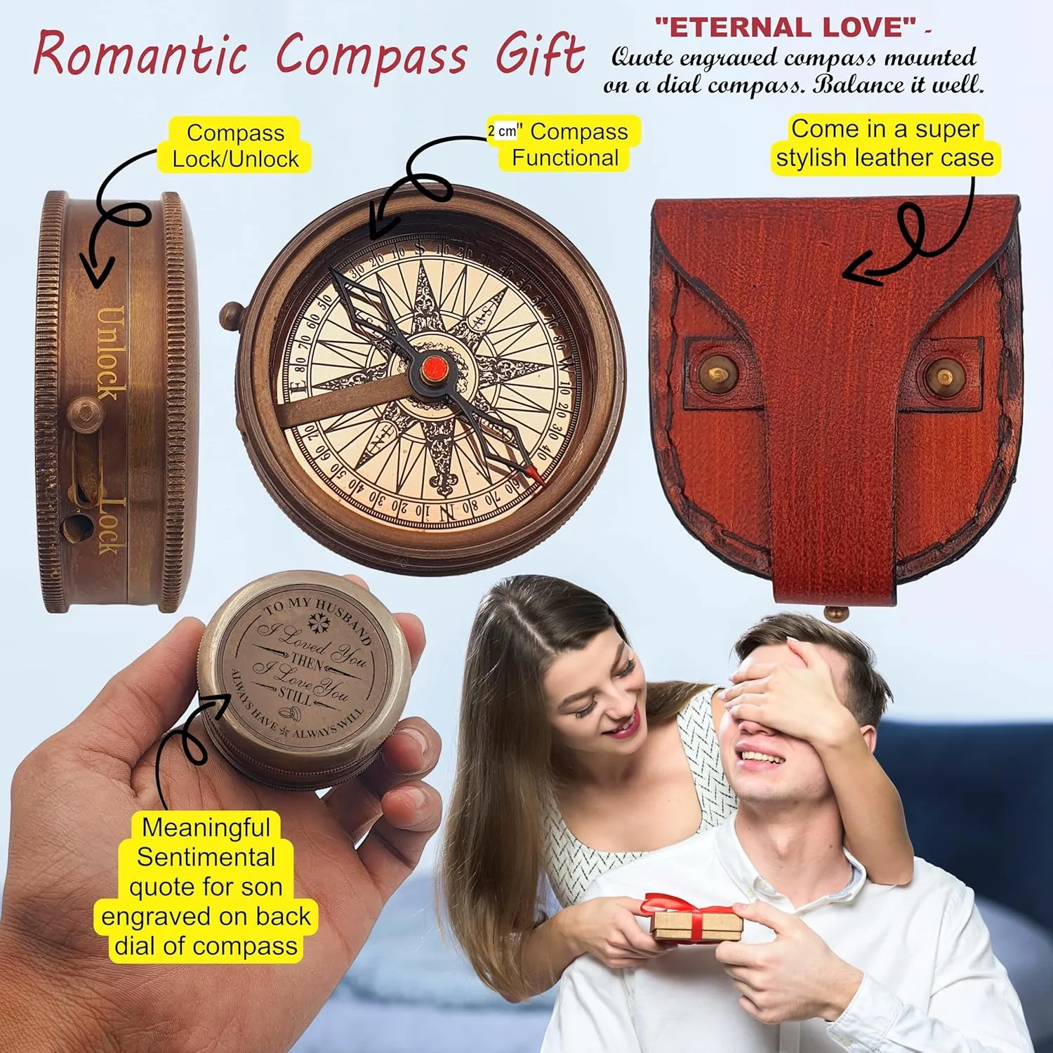 Engraved Compass, to My Husband I Love You, Brass Compass Engraved Gifts for Men, Bronze for Men, Romantic Gifts for Him/Her, Keepsake Gifts for Husband
