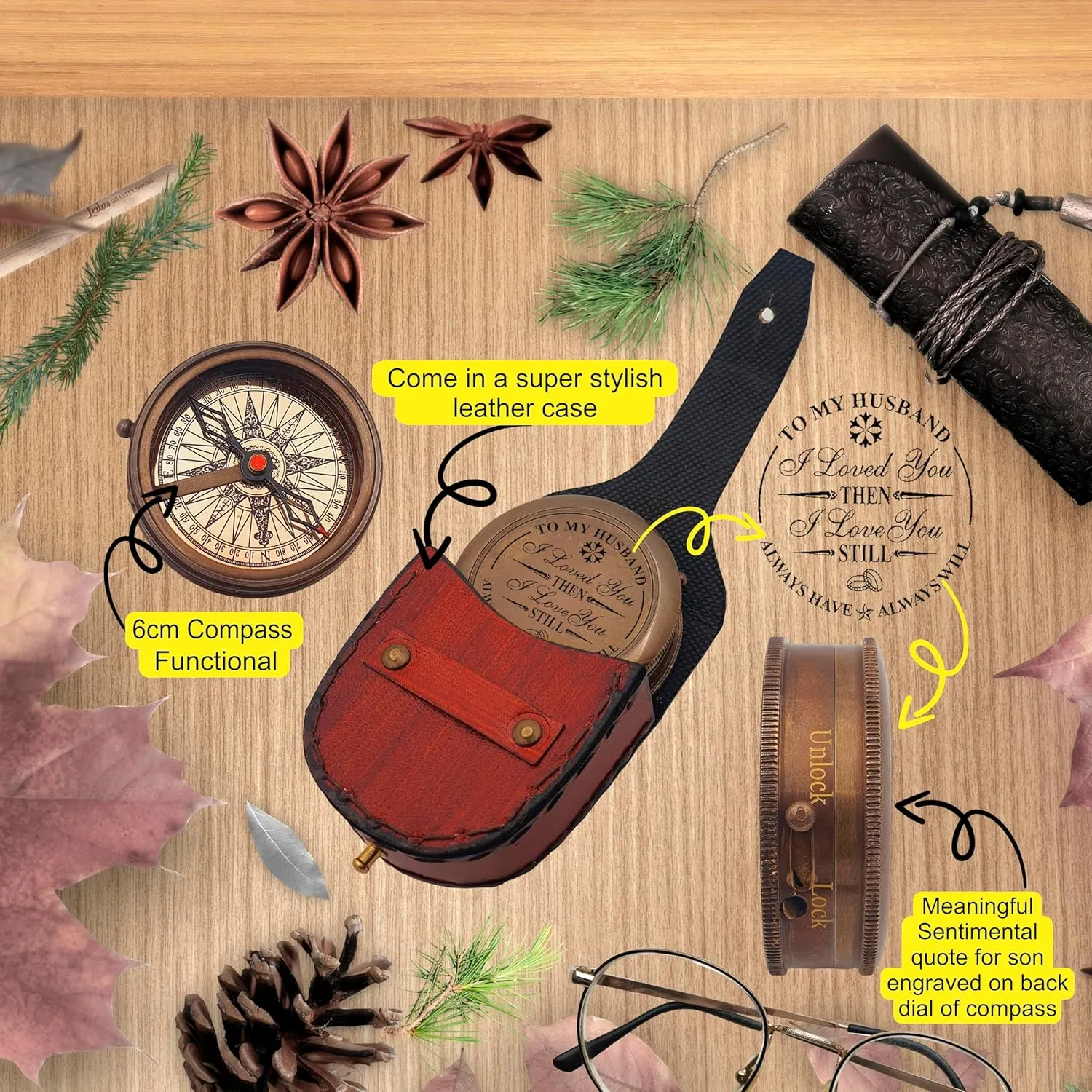 Engraved Compass, to My Husband I Love You, Brass Compass Engraved Gifts for Men, Bronze for Men, Romantic Gifts for Him/Her, Keepsake Gifts for Husband