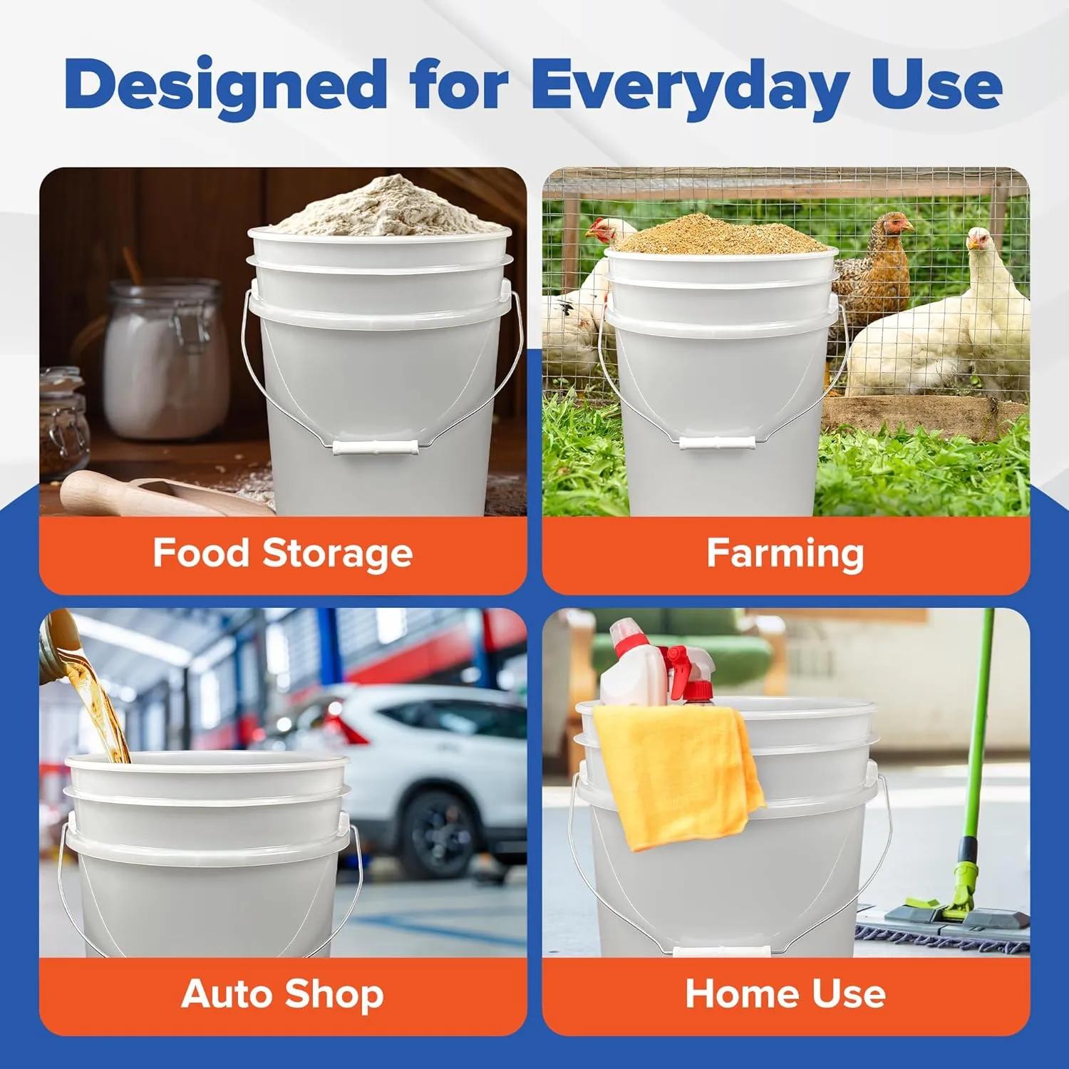 ePackageSupply 5 Gallon White Bucket with White Gamma Seal Screw on Airtight Lid | Made in USA | Food Grade | Heavy-Duty HPDE Plastic | Durable 90 Mil Pail | Easy Stack and Store | BPA Free (3 Count)