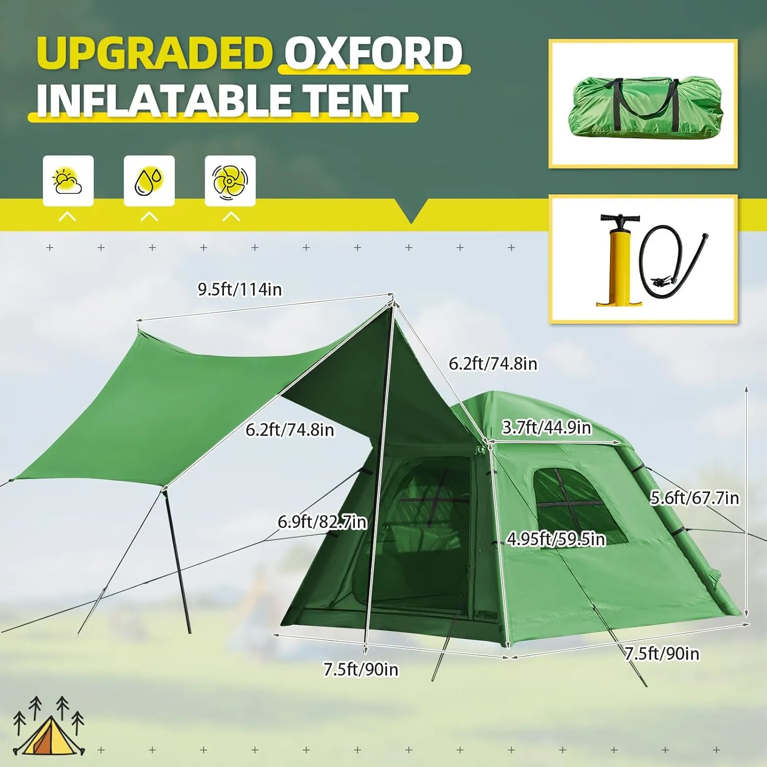 EROMMY Inflatable Camping Tent with Extended Canopy, Easy Set-up 4 Season Air Tents with Inflator for 2-4 Persons