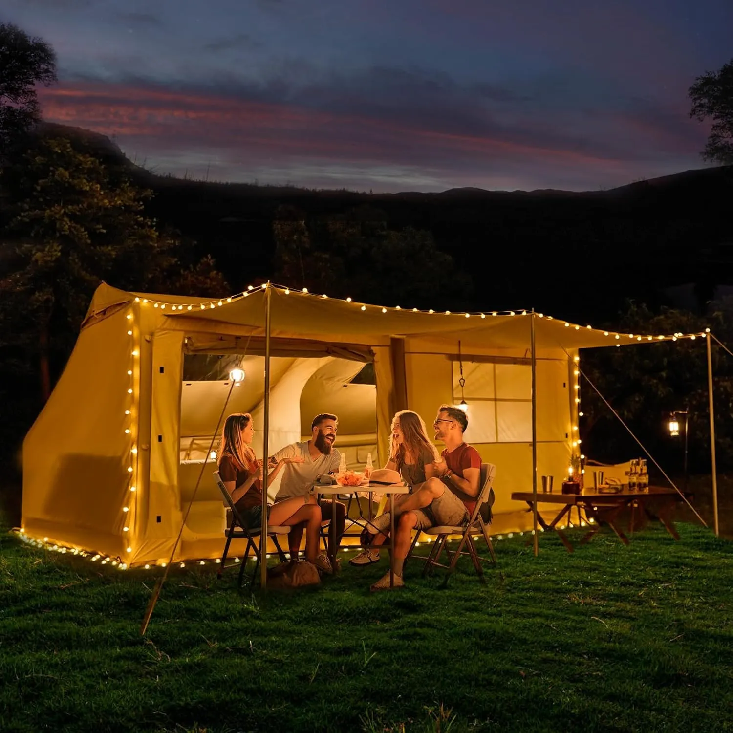 EROMMY Inflatable Tents for Camping 8-10 Person, 4 Season Oxford Blow Up Tent, Easy Setup Glamping Tents with Extended Canopy, Mesh & Chimney Window