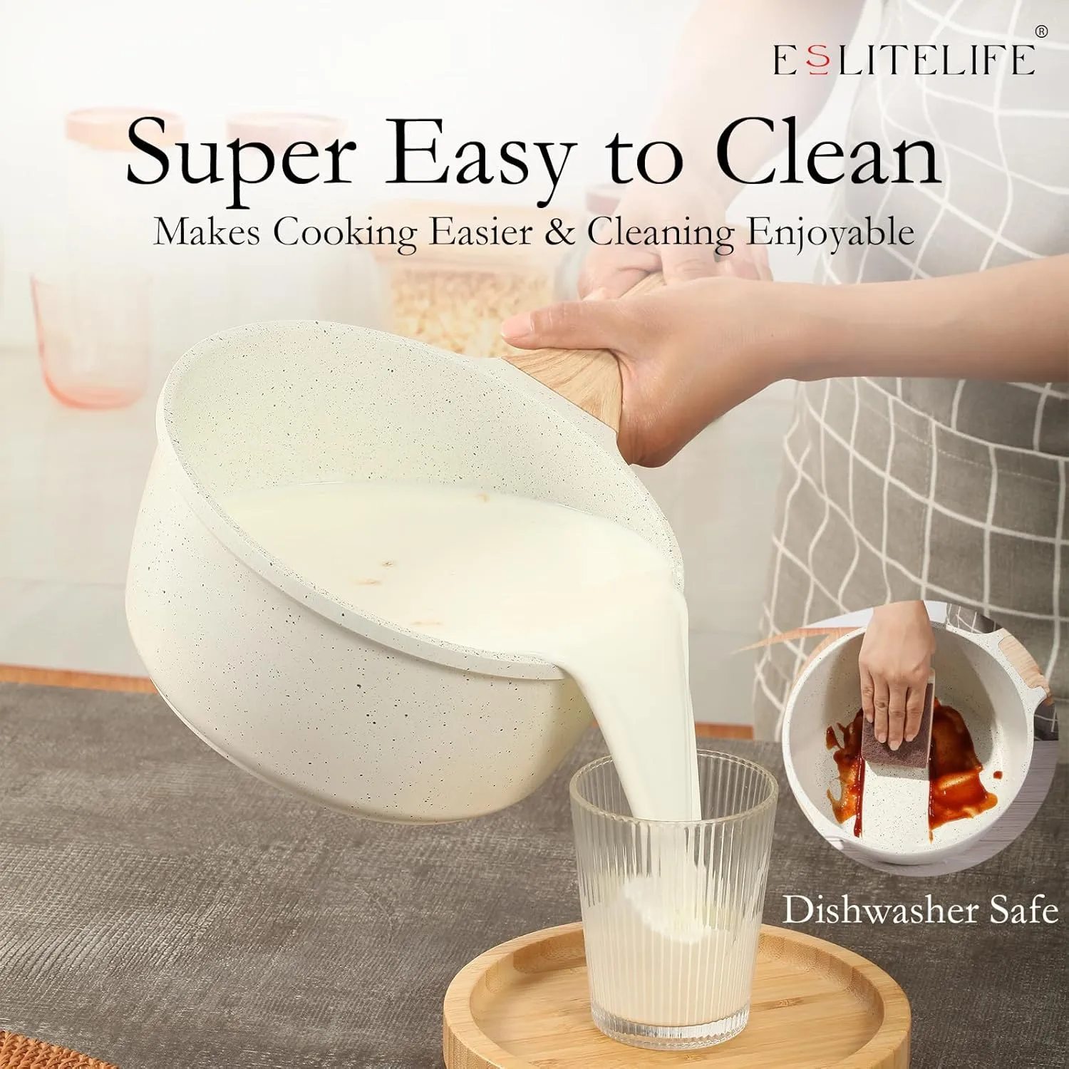 ESLITE LIFE 1.5 QT & 2.5 QT Sauce Pan Set with Lids, Nonstick Small Soup Pot Compatible with All Stovetops (Gas, Electric & Induction), PFOA Free, White