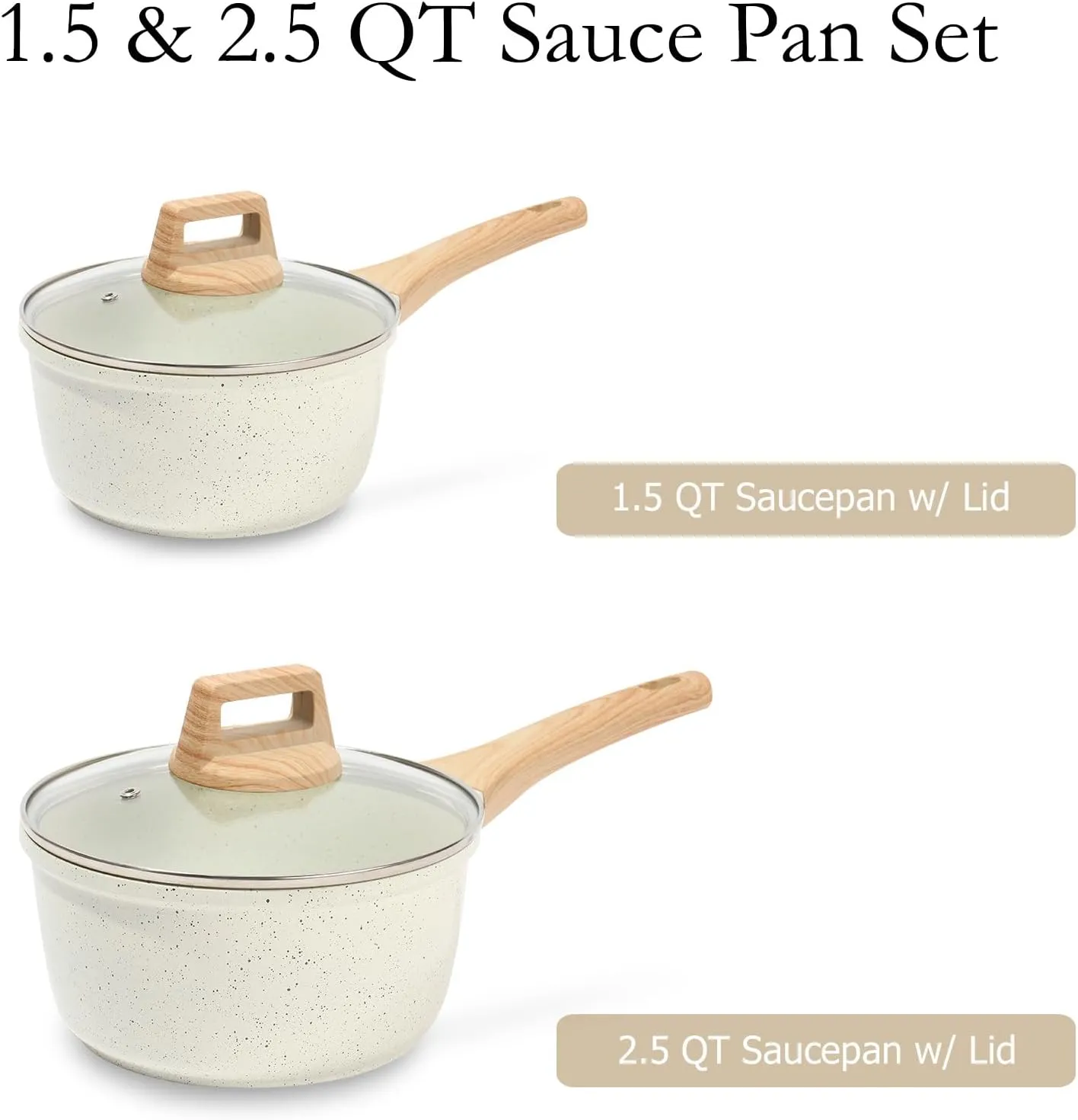 ESLITE LIFE 1.5 QT & 2.5 QT Sauce Pan Set with Lids, Nonstick Small Soup Pot Compatible with All Stovetops (Gas, Electric & Induction), PFOA Free, White