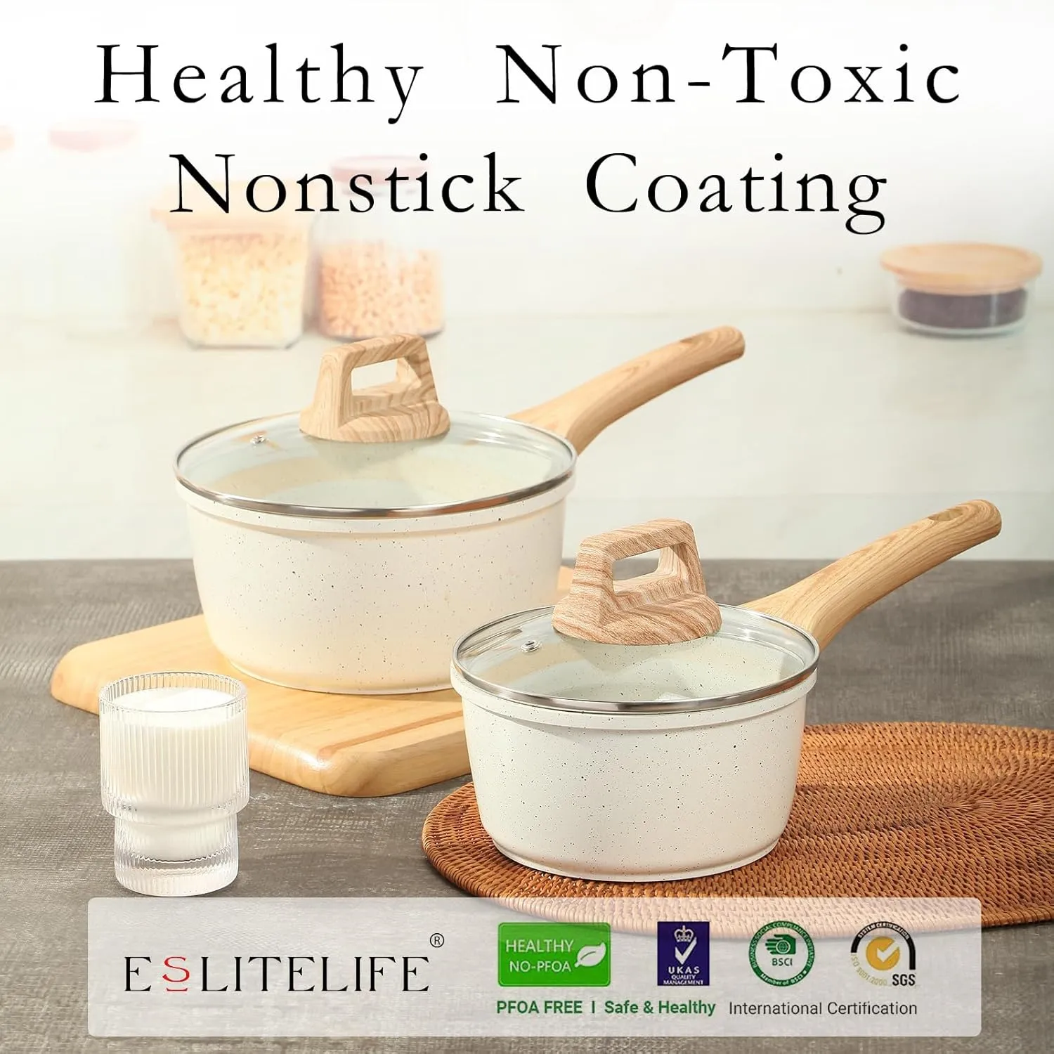 ESLITE LIFE 1.5 QT & 2.5 QT Sauce Pan Set with Lids, Nonstick Small Soup Pot Compatible with All Stovetops (Gas, Electric & Induction), PFOA Free, White
