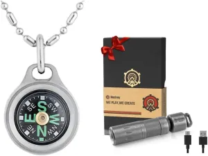 Essential Adventure Set: Brass Mini Compass & Titanium Mini Flashlight with Quick-Open Tail - Compact, Durable Survival Gear for Hikers, Campers, and Travelers - Reliable Tools for Navigation and Illu