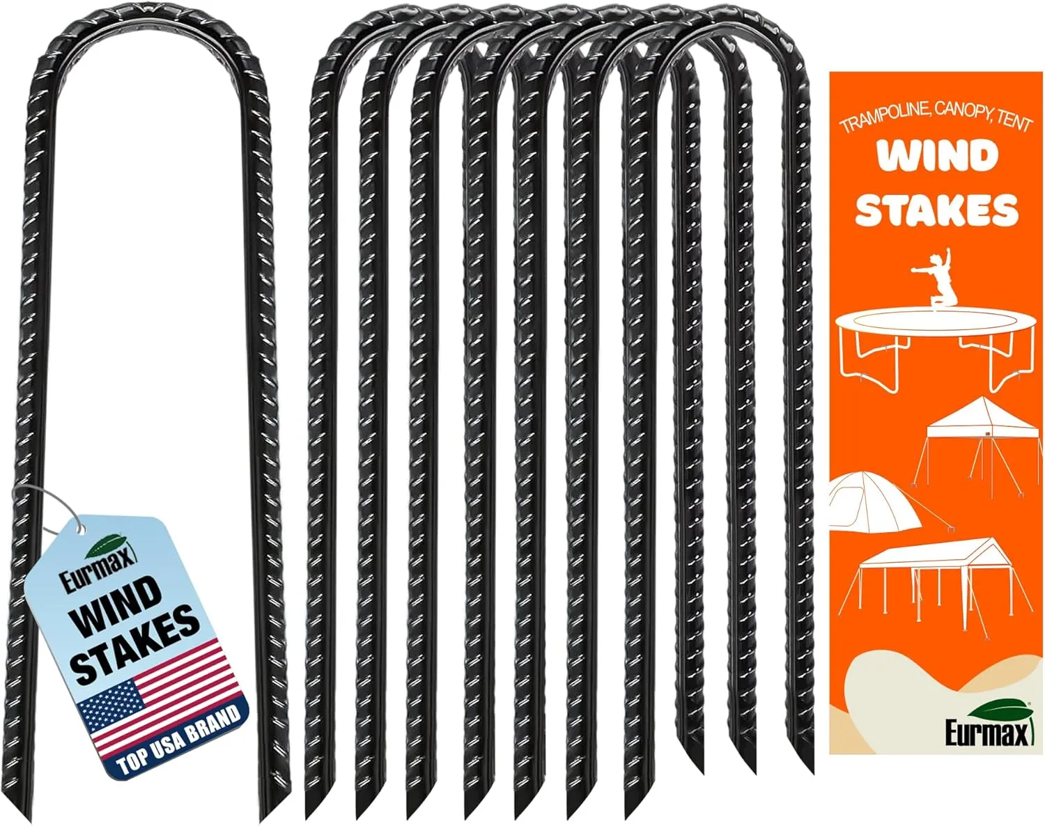 Eurmax USA Ground Anchors, Heavy Duty Ground Stakes, Trampoline Stakes, Tent Stakes Anchor Kit for High Wind, 12” Galvanized Steel Rebar Stakes, Metal Stakes, Trampoline Accessories,Pack of 8(Black)