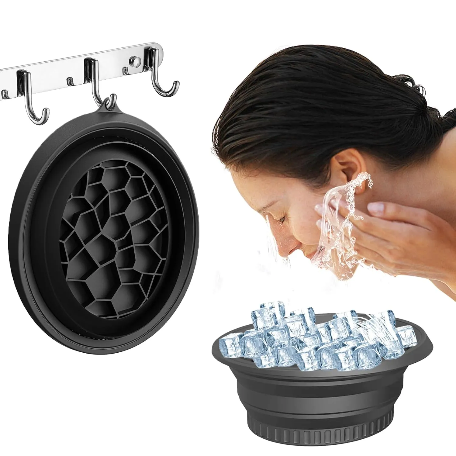 Face Bowl for Ice Bath: Black Silicone Facial Plunge Bowl with Built-In Icetray, Collapsible Ice Mold, Portable Ice Bowl for Full Face Cooling, Perfect for Home & Travel