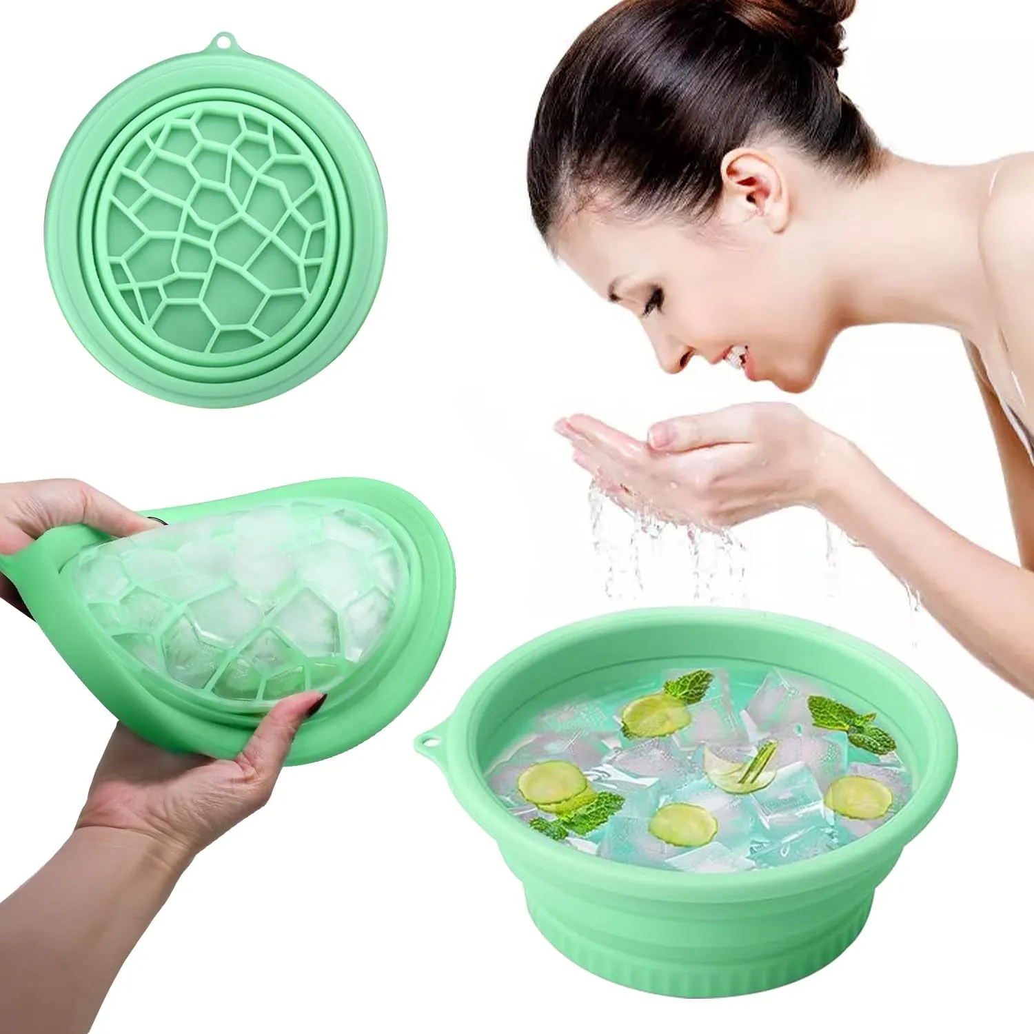 Face Bowl for Ice with Built-In Icetray, Silicone Ice Facial Folding Washbasin, Facial Plunge Bowl, Face Icebath at Home (Green)