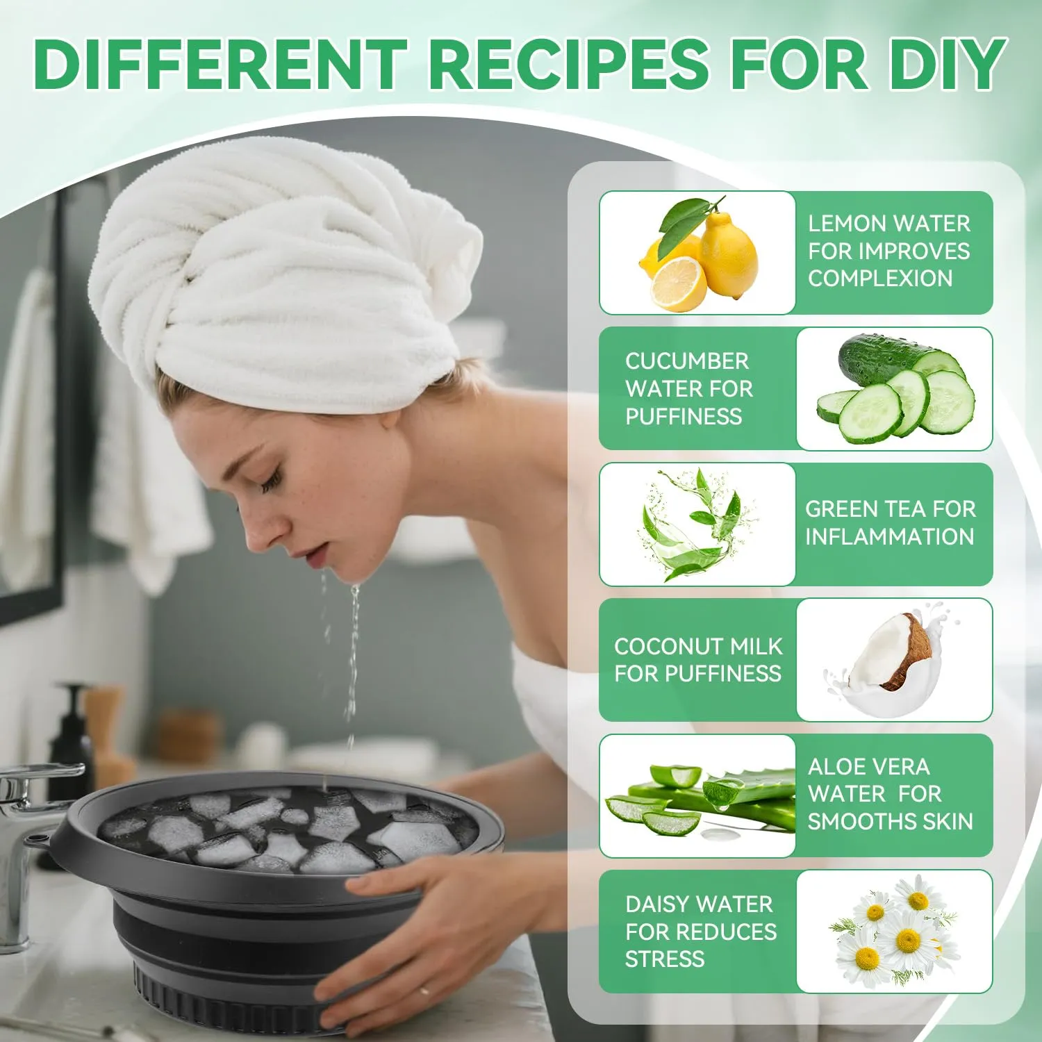 Face Bowl for Ice with Built-In Icetray, Silicone Ice Facial Folding Washbasin, Facial Plunge Bowl, Face Icebath at Home (Green)