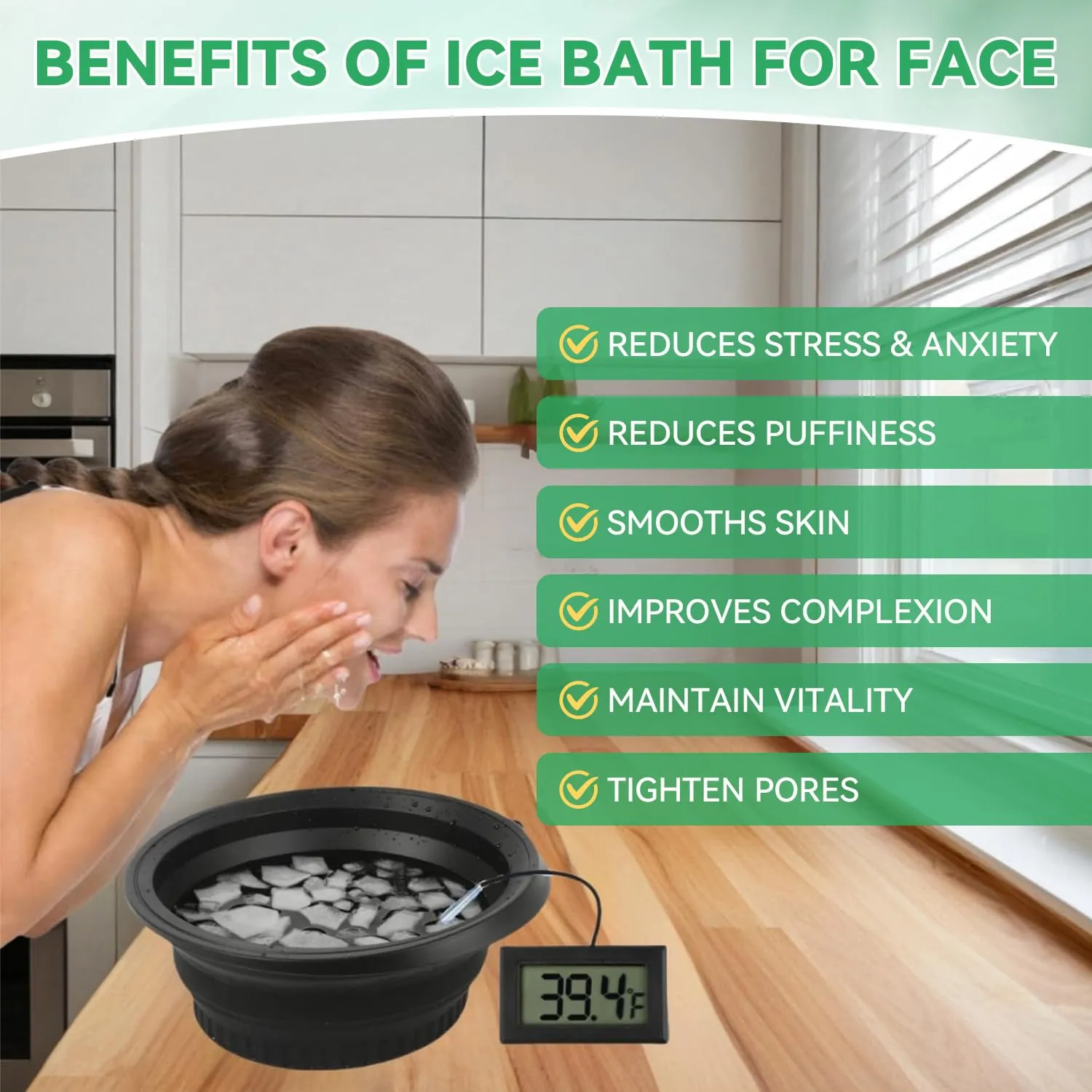 Face Bowl for Ice with Built-In Icetray, Silicone Ice Facial Folding Washbasin, Facial Plunge Bowl, Face Icebath at Home (Green)