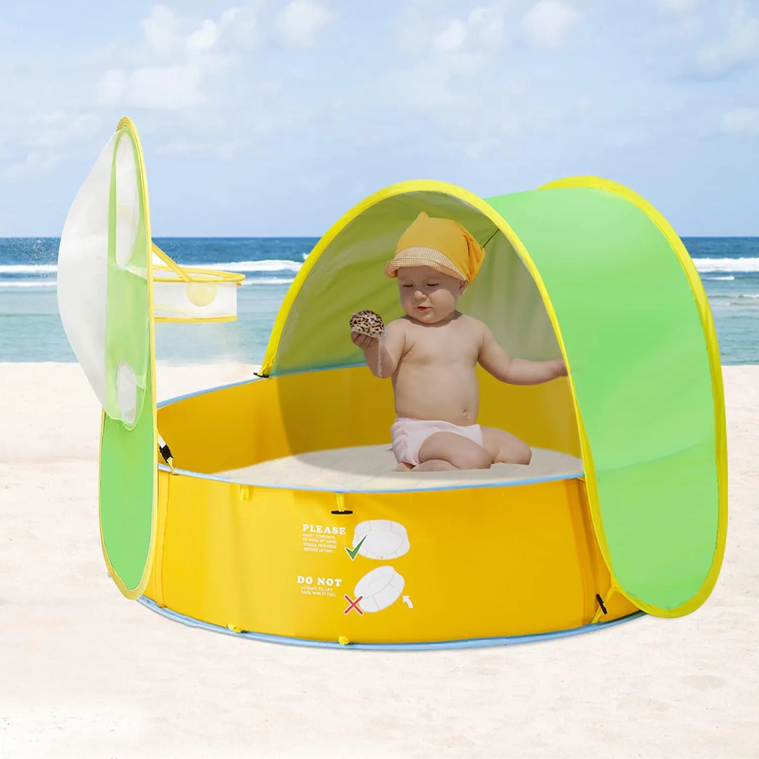 FBSPORT Baby Beach Tent, Ball Pit Tent Paddling Pool for Kids, Baby Play Pool Tent, 50  UPF Protection Sun Shade with Basketball Hoop- Balls Not Included