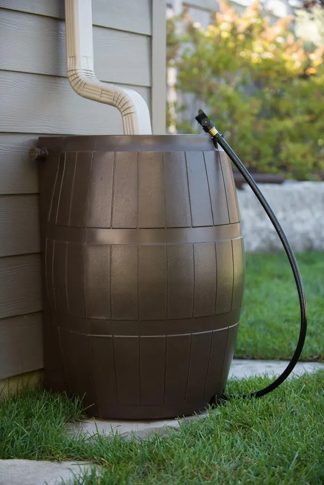 FCMP Outdoor Raincatcher 4000, Flat-Back Rain Water Barrel, 50-Gallon, Brown - Rainwater Collection Storage Container w Side Spigots, Mesh Screen, Garden and Overflow Hose & Linking Kit