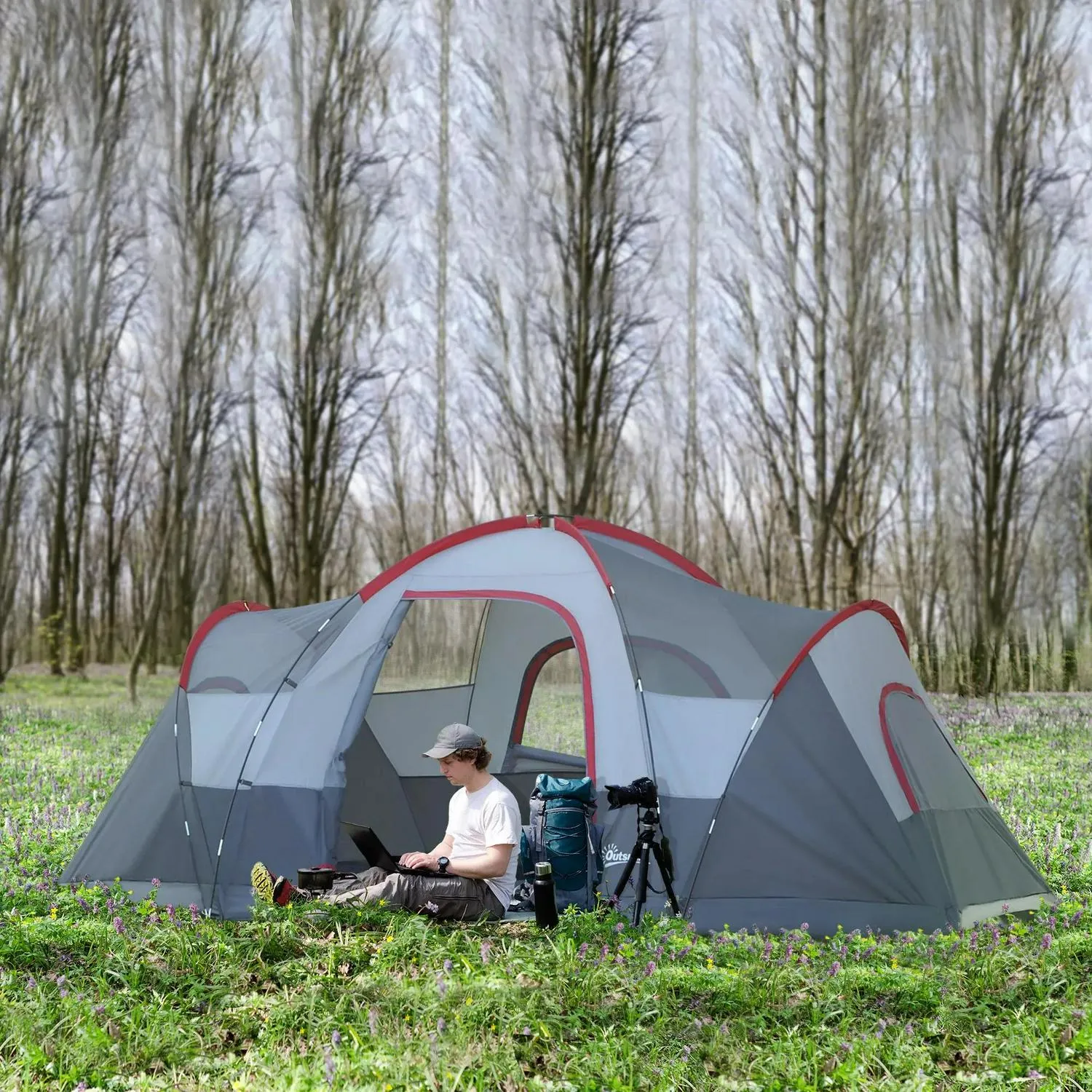 Fibreglass Frame Person Steel Unbeatable price Outsunny 5/6 Tent Camping Lightweight Blue Secure And