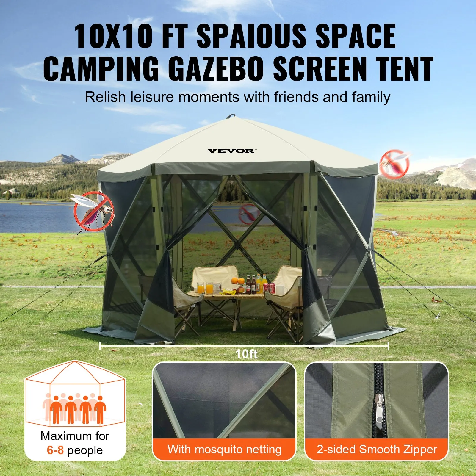 (FINAL PRICES ARE LOWER ON OUR SITE!) VEVOR Pop Up Gazebo Tent, Pop-Up Screen Tent 6 Sided Canopy Sun Shelter with 6 Removable Privacy Wind Cloths & Mesh Windows, 10x10FT Quick Set Screen Tent with Mosquito Netting, Army Green