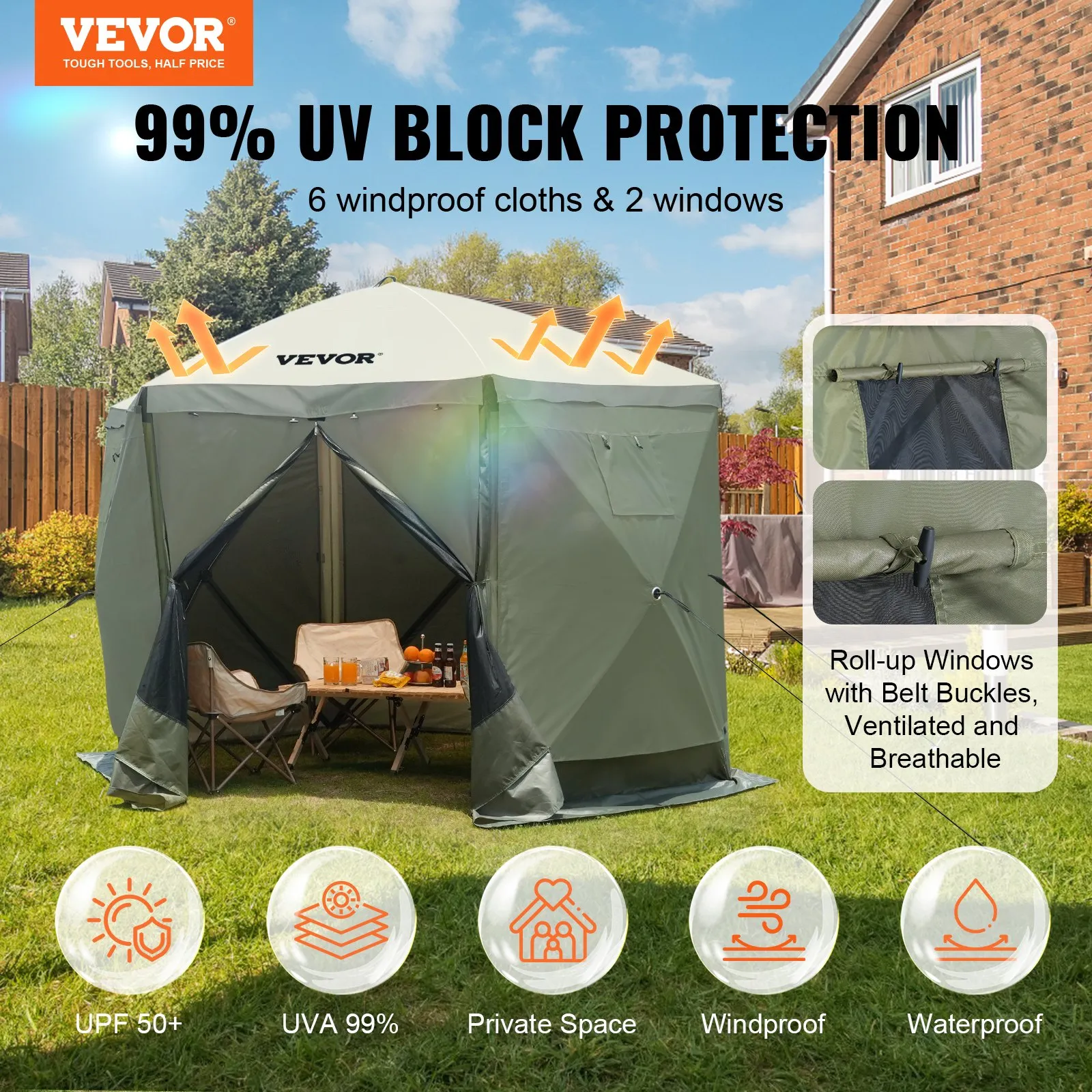 (FINAL PRICES ARE LOWER ON OUR SITE!) VEVOR Pop Up Gazebo Tent, Pop-Up Screen Tent 6 Sided Canopy Sun Shelter with 6 Removable Privacy Wind Cloths & Mesh Windows, 10x10FT Quick Set Screen Tent with Mosquito Netting, Army Green