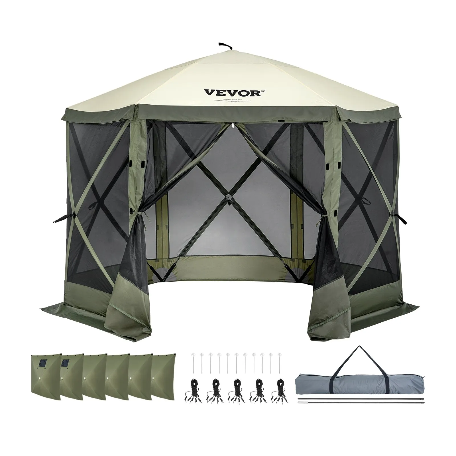 (FINAL PRICES ARE LOWER ON OUR SITE!) VEVOR Pop Up Gazebo Tent, Pop-Up Screen Tent 6 Sided Canopy Sun Shelter with 6 Removable Privacy Wind Cloths & Mesh Windows, 10x10FT Quick Set Screen Tent with Mosquito Netting, Army Green