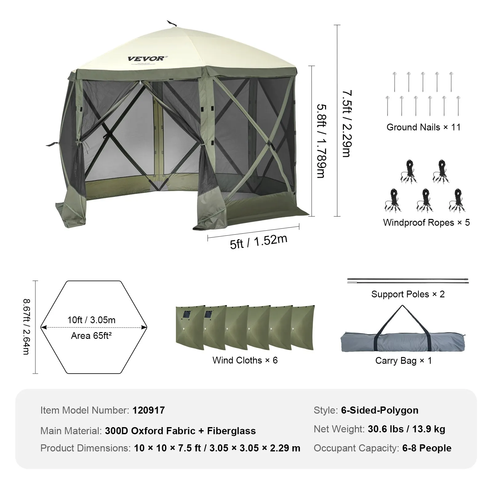 (FINAL PRICES ARE LOWER ON OUR SITE!) VEVOR Pop Up Gazebo Tent, Pop-Up Screen Tent 6 Sided Canopy Sun Shelter with 6 Removable Privacy Wind Cloths & Mesh Windows, 10x10FT Quick Set Screen Tent with Mosquito Netting, Army Green