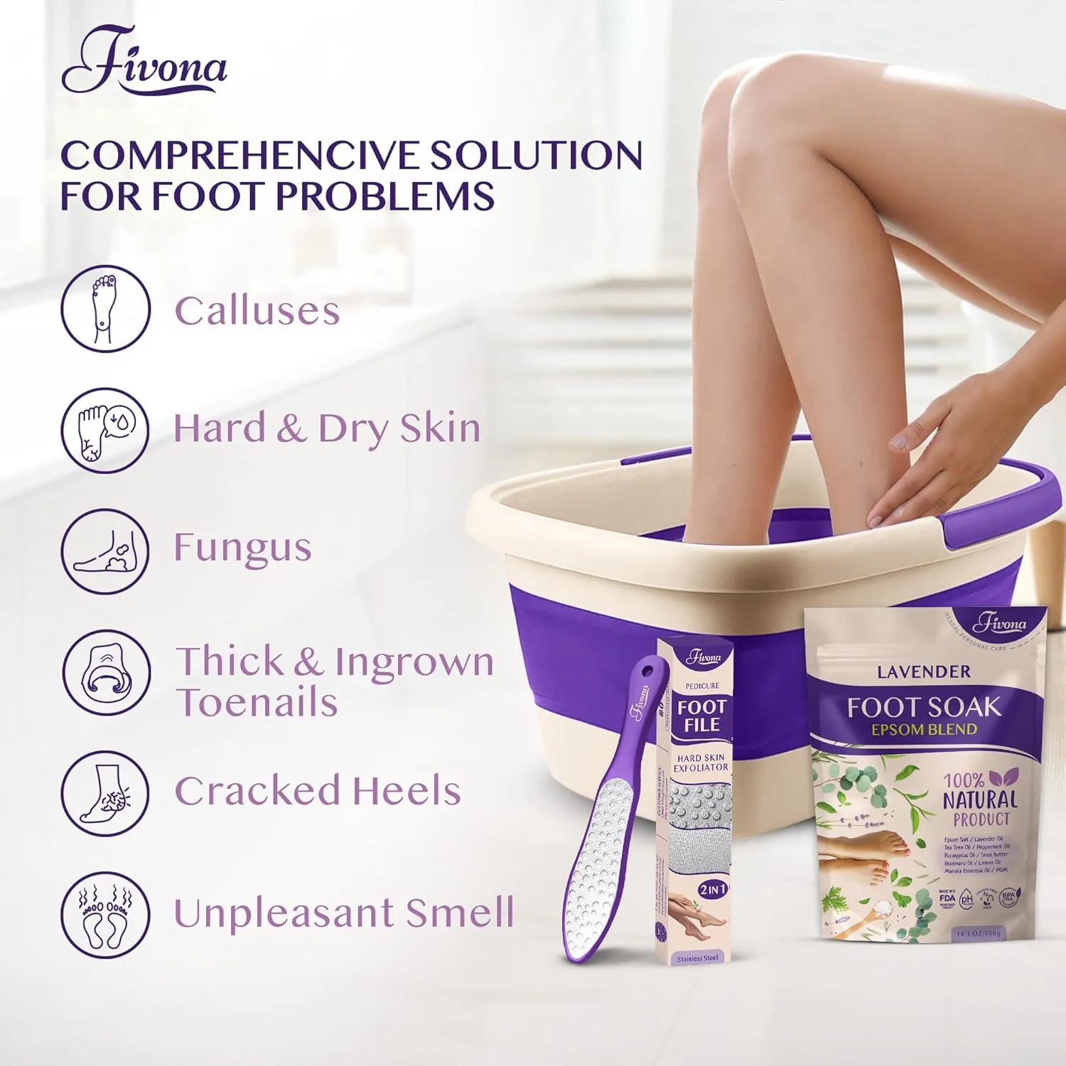 Fivona Foot Care Kit 3 in 1 - Foot Soak Blend with Epsom Salt, Lavender and Essential Oils - Collapsible Foot Soak Basin - Dual Action Foot File