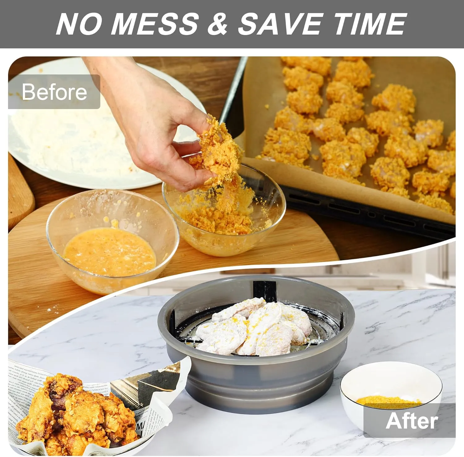 FJNATINH Collapsible Batter Bowl - Mess Free Better Breader Shaker Bowl with Lid Breading Shaker Container - Great for Fried Fish, Fried Chicken, Onion Rings, Wings & More,No Leak,Easy to Store