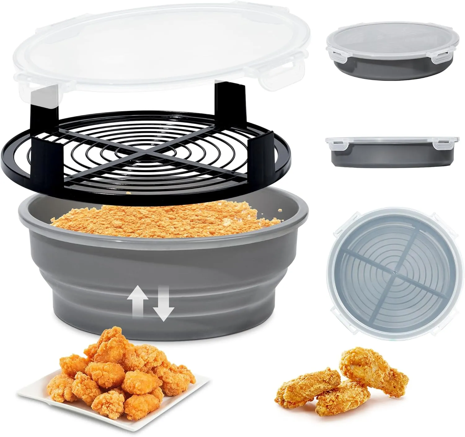 FJNATINH Collapsible Batter Bowl - Mess Free Better Breader Shaker Bowl with Lid Breading Shaker Container - Great for Fried Fish, Fried Chicken, Onion Rings, Wings & More,No Leak,Easy to Store