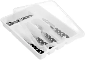 Flatware Tray with Lid, Plastic Camper Picnic Cutlery and Utensil Drawer Organizer, Kitchen Silverware Storage Container with Cover, White