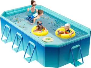 Foldable Pool, Non-Inflatable Swimming Pool for Kids, Adults and Pets, 116" × 65" × 21" Large Portable Kids Pool with Sturdy Metal Bracket for Outdoor Backyard Garden - Blue