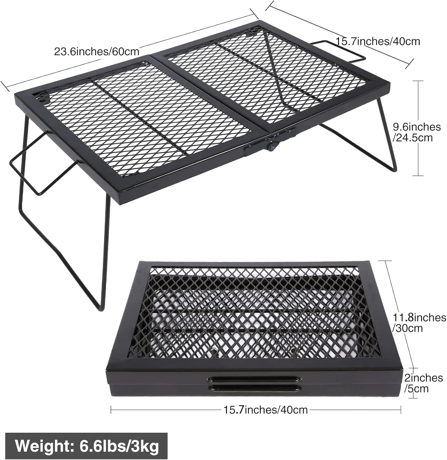 Folding Campfire Grill Grate, Portable Heavy Duty Steel Over Fire Camp Grill for Outdoor Camping Cooking Fire Pit, Black Folded in Half