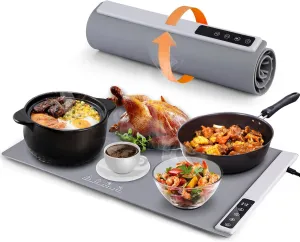 Food Warming Mat - Electric Food Warming Tray with 4 Level Temperature Setting and Timer, Rollable and Portable Premium Silicone Nano-Material Food Warmer for Gathering, Parties