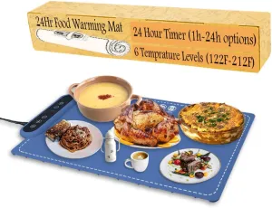 Food Warming Mat - Fast Heating Silicone Electric Warming Tray with 6 Level Temperature, 1-24Hr Options, Premium Silicone Nano-Material, Rollable & Portable Food Warmer for Parties Home Travel