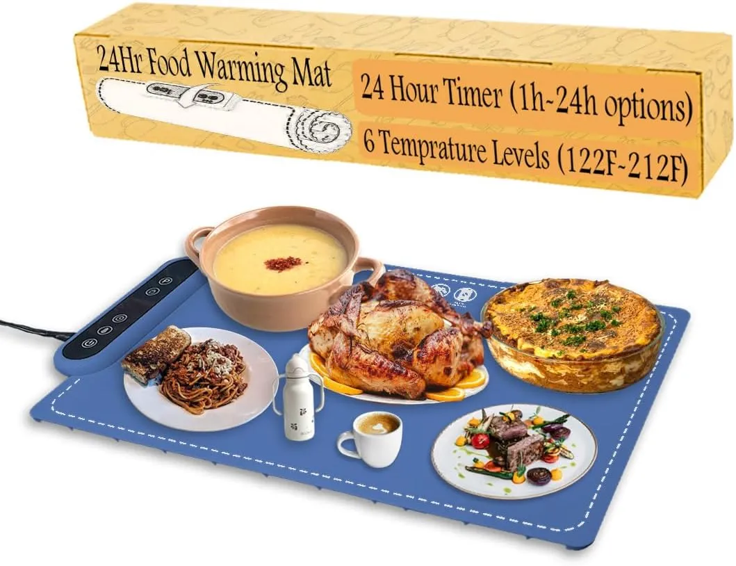 Food Warming Mat - Fast Heating Silicone Electric Warming Tray with 6 Level Temperature, 1-24Hr Options, Premium Silicone Nano-Material, Rollable & Portable Food Warmer for Parties Home Travel