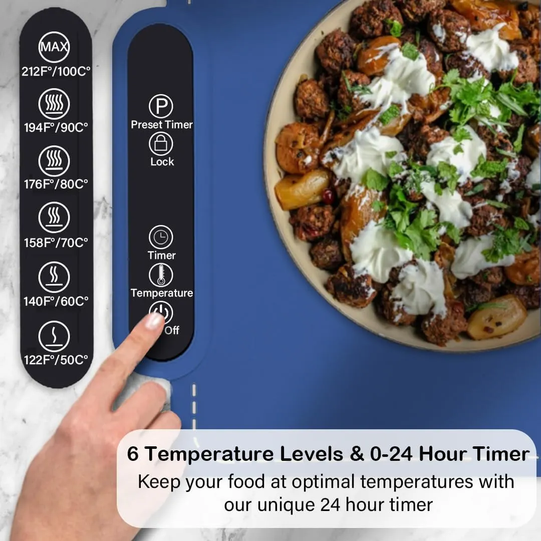 Food Warming Mat - Fast Heating Silicone Electric Warming Tray with 6 Level Temperature, 1-24Hr Options, Premium Silicone Nano-Material, Rollable & Portable Food Warmer for Parties Home Travel