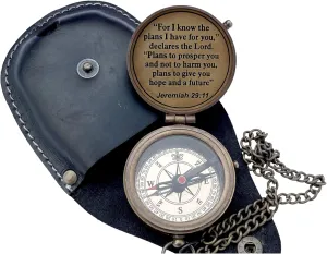 for I Know The Plans I Have for You, Brass Pocket Compass with Leather Case for Hiking Camping Vintage Nautical Compass Antique Engraved Compass Push Pocket Compass Gift for Him & Her