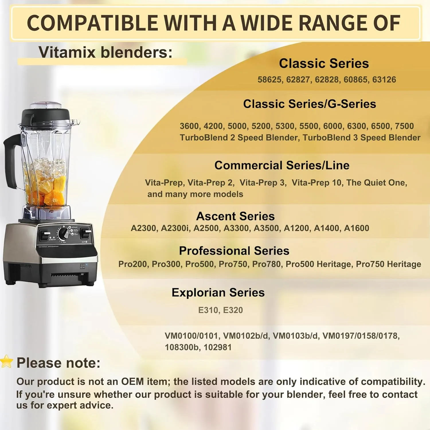For Vitamix Blender Pitcher 64oz, Replace 5000 5200 5500 6300 7500 Pro200 500 750 Vita-Prep vm0101 vm0102 vm0103 E310 320, asy172 Classic/Commercial series etc Pitcher Jar Cup, 3-Year Warranty
