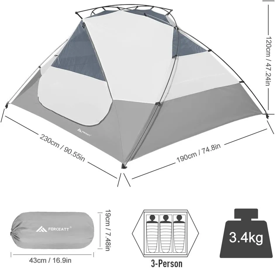 Forceatt Camping Tent for 3 Persons, Backpacking Tent Waterproof & Windproof, Easy Set up 丨 Instant Tent with Rain Fly for Camping, Hiking, Family Trips