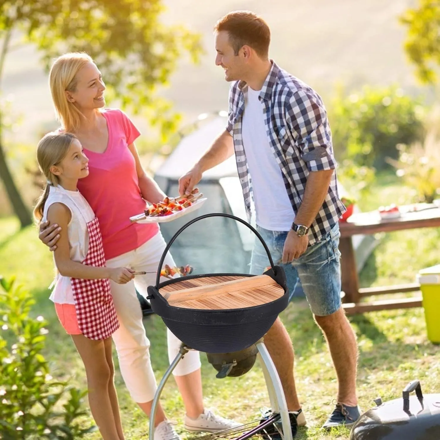 Frying 1 Set Cast Iron Camping Pot with Lid Hanging Cooking Pot Outdoor Picnic Cookware Nonstick Iron Deep Frying Pan for Dinner Backpacking Hiking 20cm pan, 17.5X17.5X7CM, Schwarz