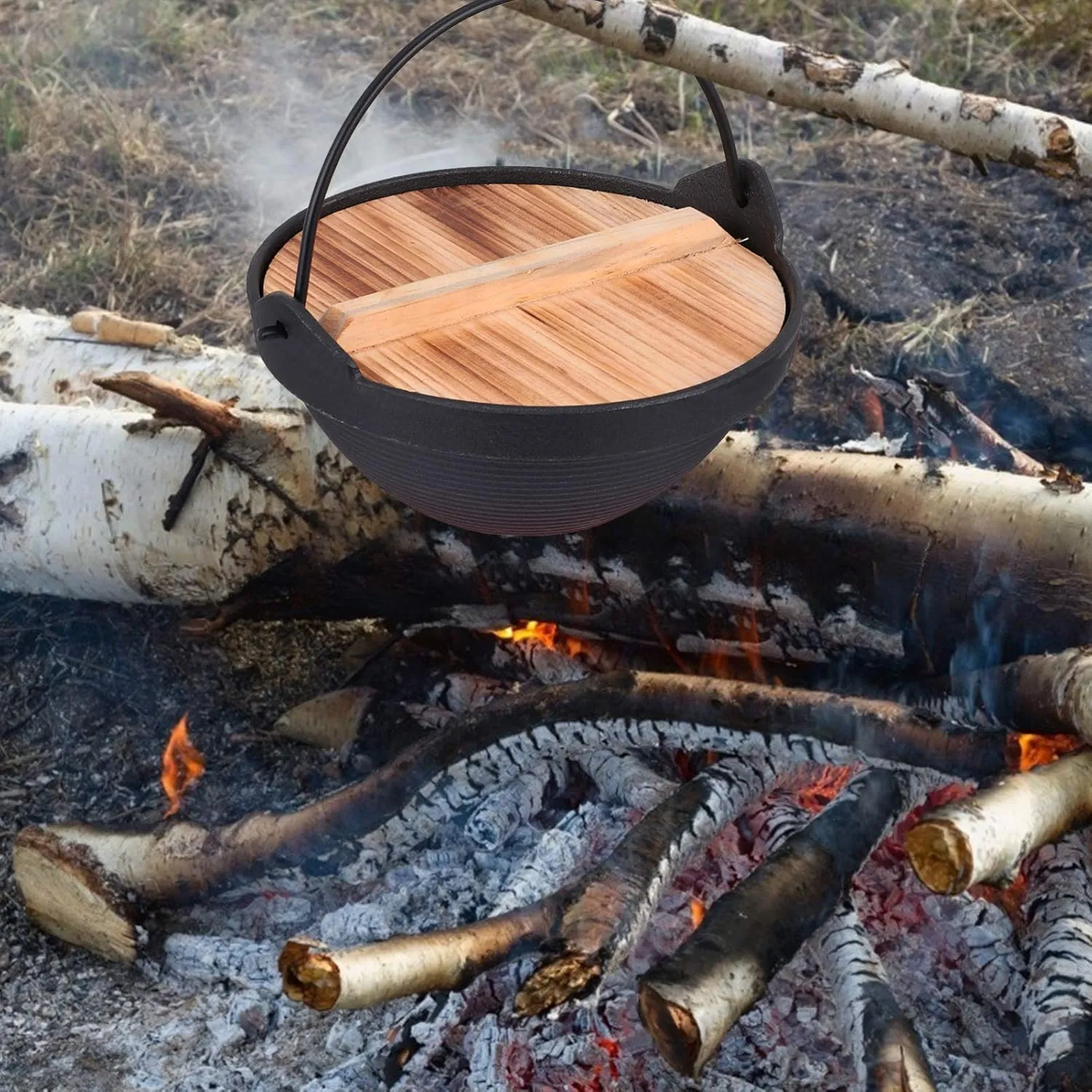 Frying 1 Set Cast Iron Camping Pot with Lid Hanging Cooking Pot Outdoor Picnic Cookware Nonstick Iron Deep Frying Pan for Dinner Backpacking Hiking 20cm pan, 17.5X17.5X7CM, Schwarz