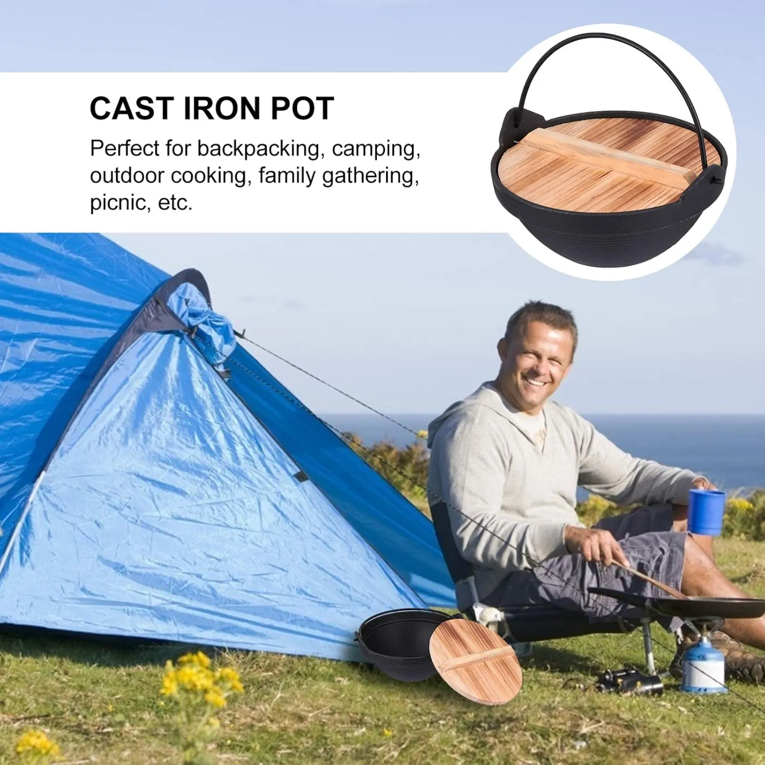 Frying 1 Set Cast Iron Camping Pot with Lid Hanging Cooking Pot Outdoor Picnic Cookware Nonstick Iron Deep Frying Pan for Dinner Backpacking Hiking 20cm pan, 17.5X17.5X7CM, Schwarz