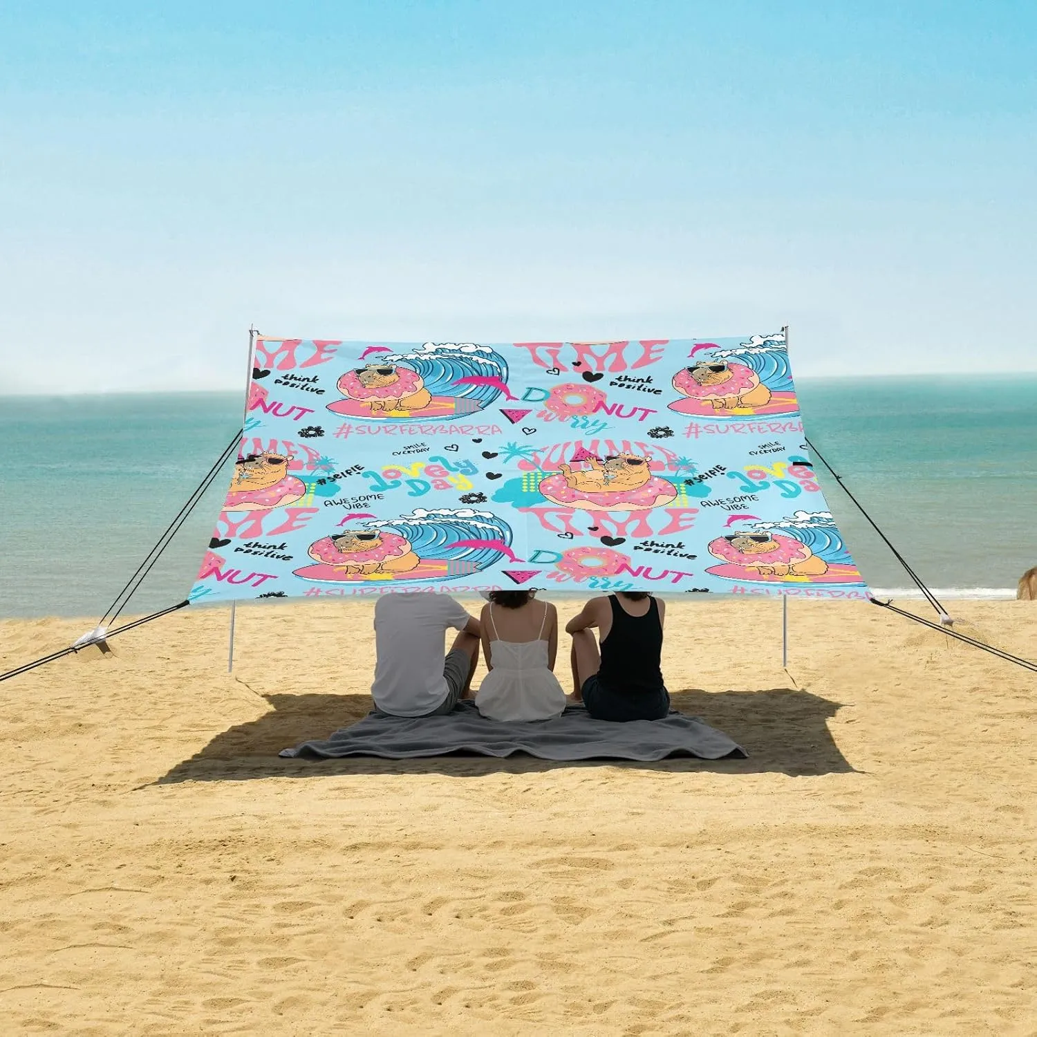 Funny Summer Capybara Beach Canopy Tent Anti-UV & Wind Resistant, Camping Sun Shelter Easy Setup Portable,Outdoor Shade Tents with Sandbags,Sand Shovels,Ground Pegs & Stability Poles